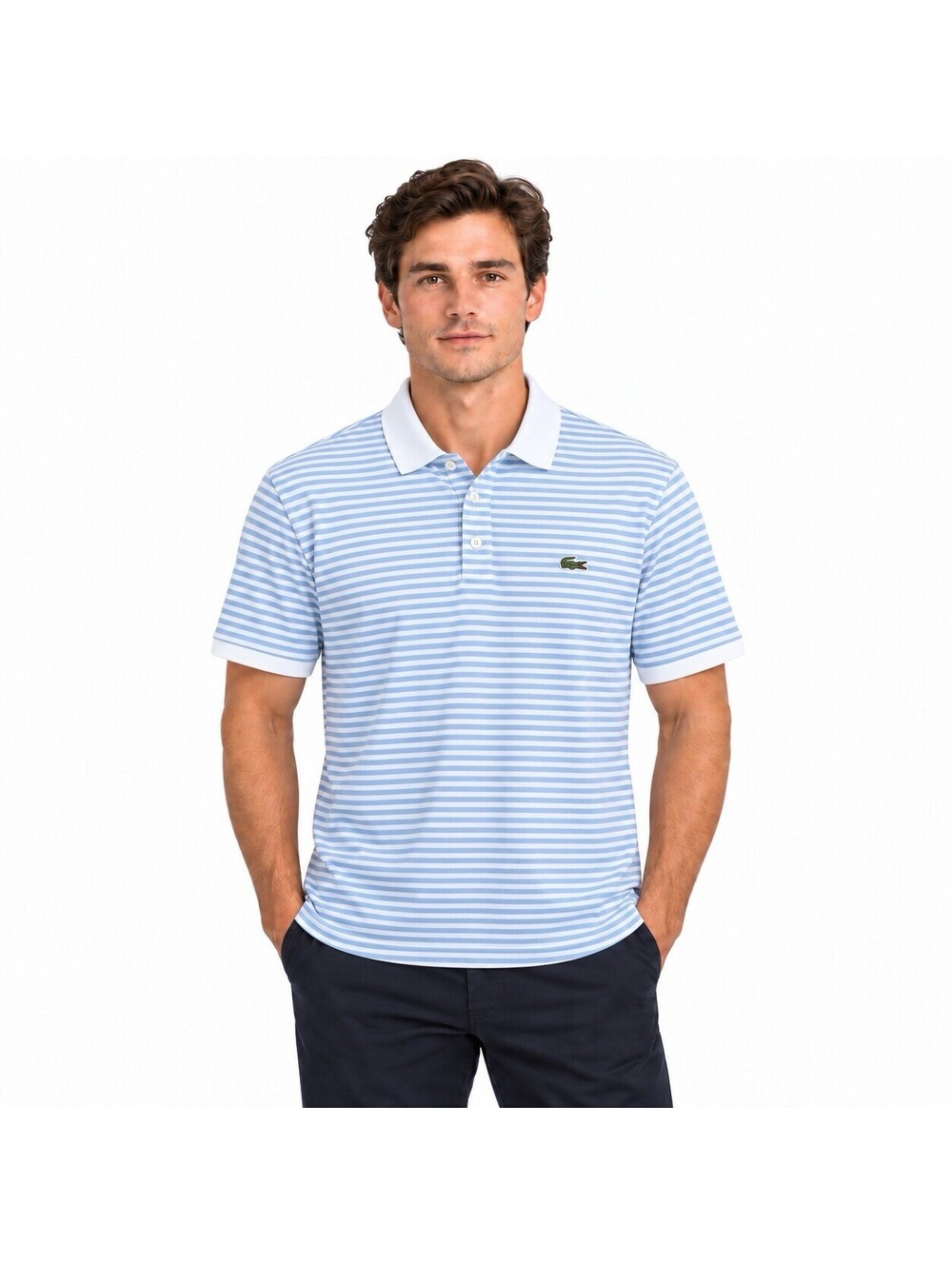 Lacoste Men’s Blue White Stipe Polo Medium Classic Fit 100% Cotton
